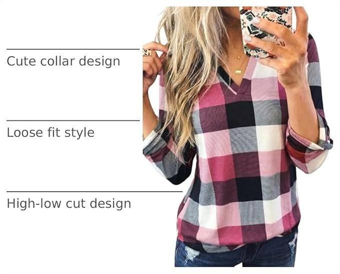 Pink Black White Checkered Long Sleeve V-Neck Blouse image 6